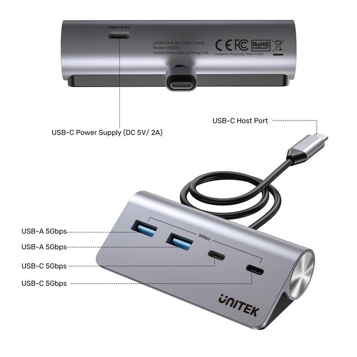 HUB USB-C Unitek 4 Puertos 5Gbps