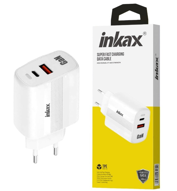 Cargador Inkax USB-A+USB-C GaN 45W Carga Rápida Blanco