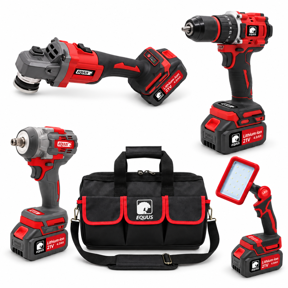 Combo Brushless Taladro+Llave Impacto+Amoladora+Luz EQUUS